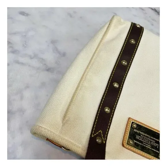 Louis Vuitton Antigua Cabás MM Canvas Tote Bag Cream Brown Trim Brass Rivets - Picture 10 of 12
